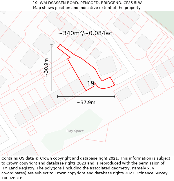 19, WALDSASSEN ROAD, PENCOED, BRIDGEND, CF35 5LW: Plot and title map