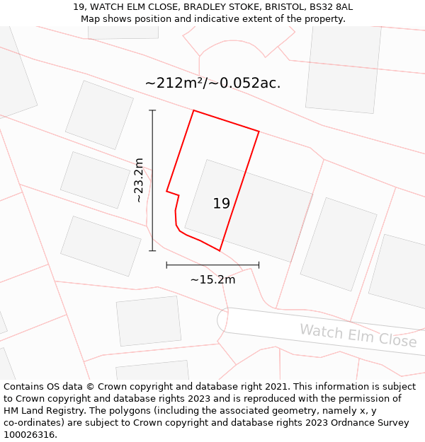 19, WATCH ELM CLOSE, BRADLEY STOKE, BRISTOL, BS32 8AL: Plot and title map