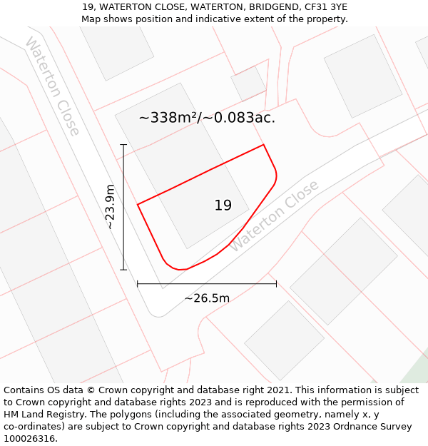 19, WATERTON CLOSE, WATERTON, BRIDGEND, CF31 3YE: Plot and title map