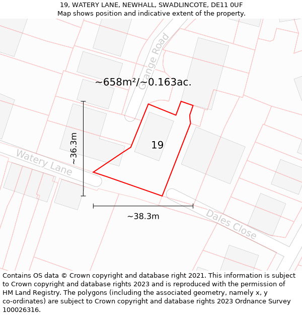 19, WATERY LANE, NEWHALL, SWADLINCOTE, DE11 0UF: Plot and title map