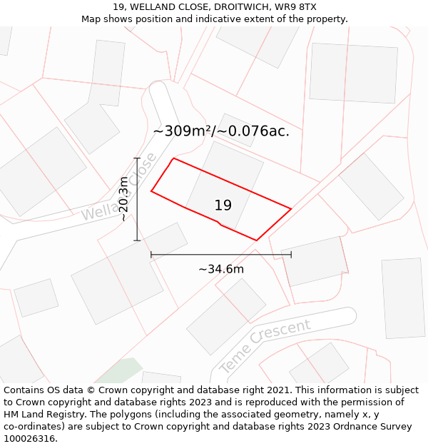 19, WELLAND CLOSE, DROITWICH, WR9 8TX: Plot and title map