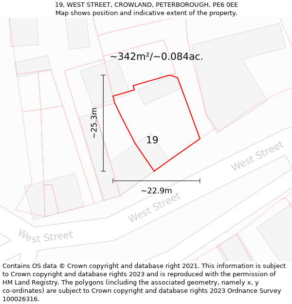 19, WEST STREET, CROWLAND, PETERBOROUGH, PE6 0EE: Plot and title map