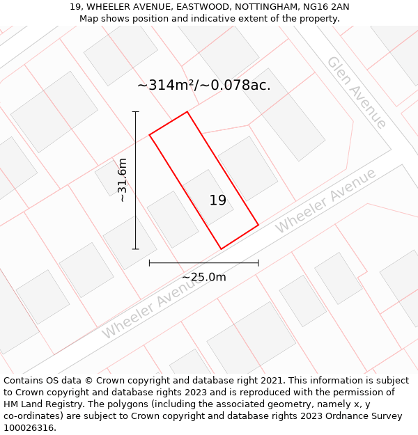 19, WHEELER AVENUE, EASTWOOD, NOTTINGHAM, NG16 2AN: Plot and title map