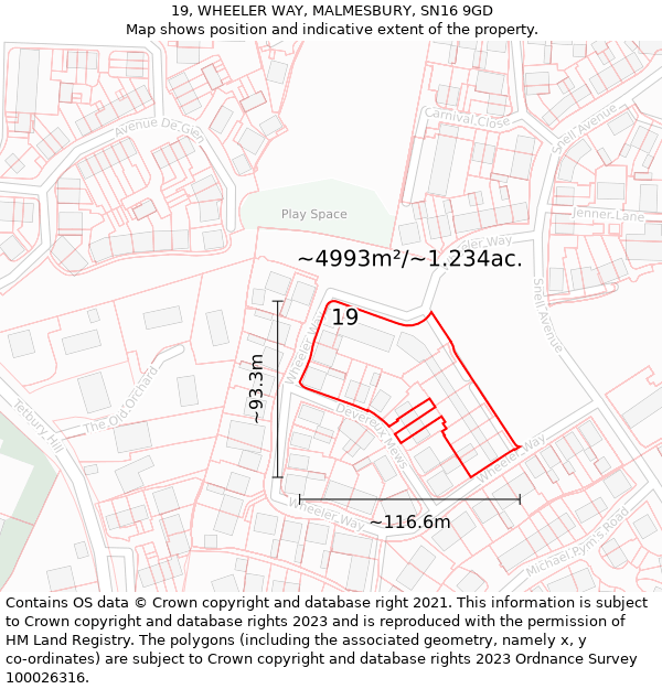 19, WHEELER WAY, MALMESBURY, SN16 9GD: Plot and title map