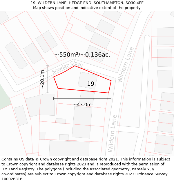 19, WILDERN LANE, HEDGE END, SOUTHAMPTON, SO30 4EE: Plot and title map