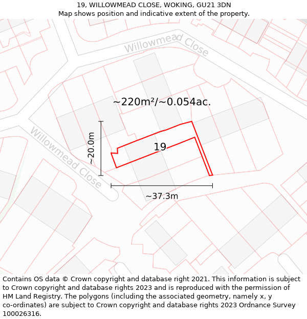 19, WILLOWMEAD CLOSE, WOKING, GU21 3DN: Plot and title map