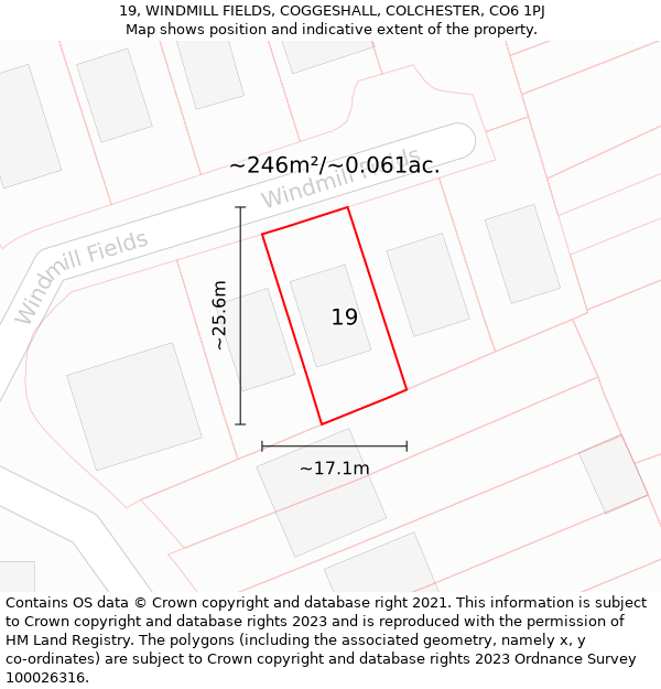 19, WINDMILL FIELDS, COGGESHALL, COLCHESTER, CO6 1PJ: Plot and title map