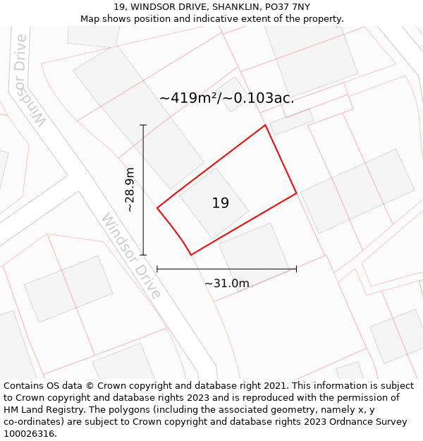19, WINDSOR DRIVE, SHANKLIN, PO37 7NY: Plot and title map