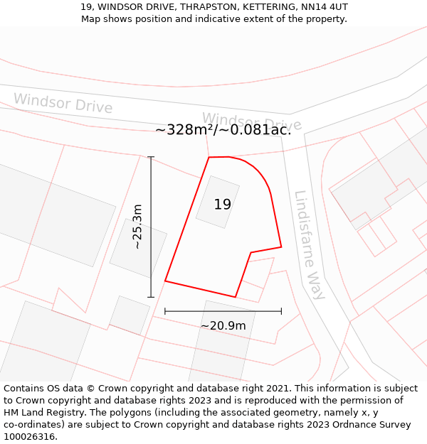 19, WINDSOR DRIVE, THRAPSTON, KETTERING, NN14 4UT: Plot and title map