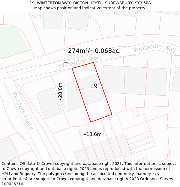 19, WINTERTON WAY, BICTON HEATH, SHREWSBURY, SY3 5PA: Plot and title map