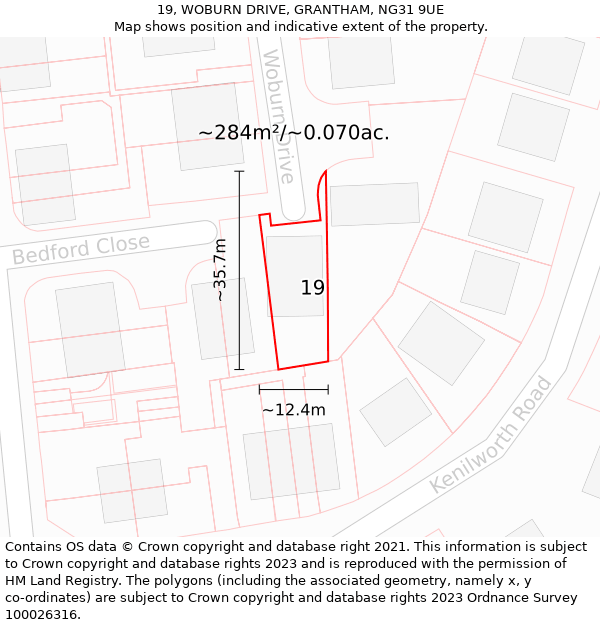 19, WOBURN DRIVE, GRANTHAM, NG31 9UE: Plot and title map