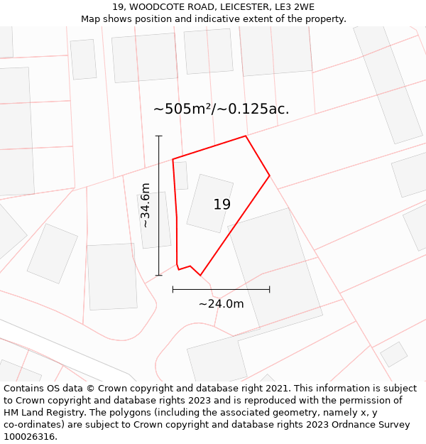 19, WOODCOTE ROAD, LEICESTER, LE3 2WE: Plot and title map