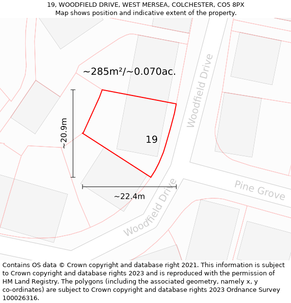 19, WOODFIELD DRIVE, WEST MERSEA, COLCHESTER, CO5 8PX: Plot and title map