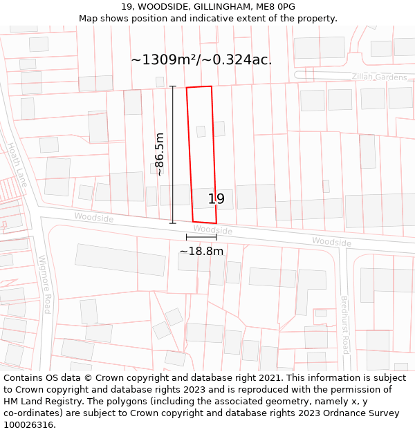 19, WOODSIDE, GILLINGHAM, ME8 0PG: Plot and title map