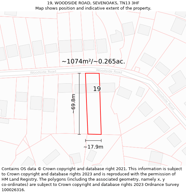 19, WOODSIDE ROAD, SEVENOAKS, TN13 3HF: Plot and title map