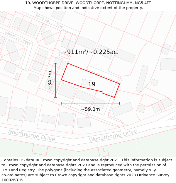 19, WOODTHORPE DRIVE, WOODTHORPE, NOTTINGHAM, NG5 4FT: Plot and title map