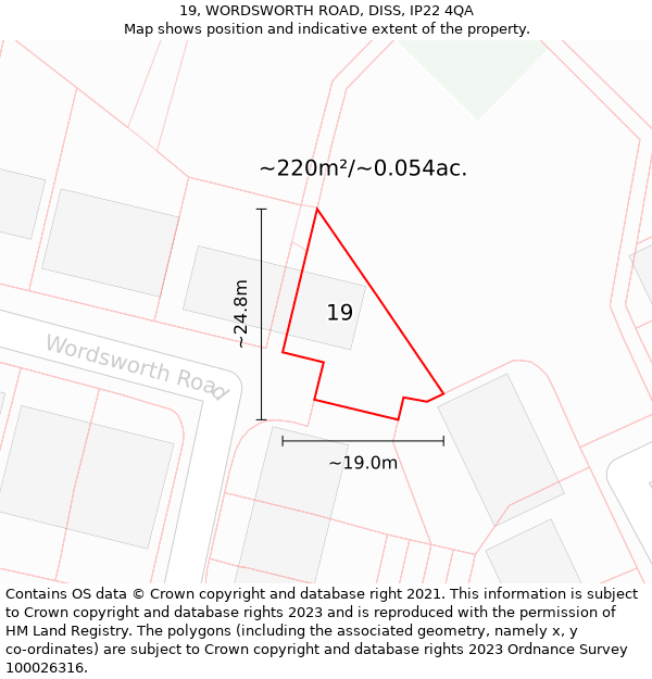 19, WORDSWORTH ROAD, DISS, IP22 4QA: Plot and title map