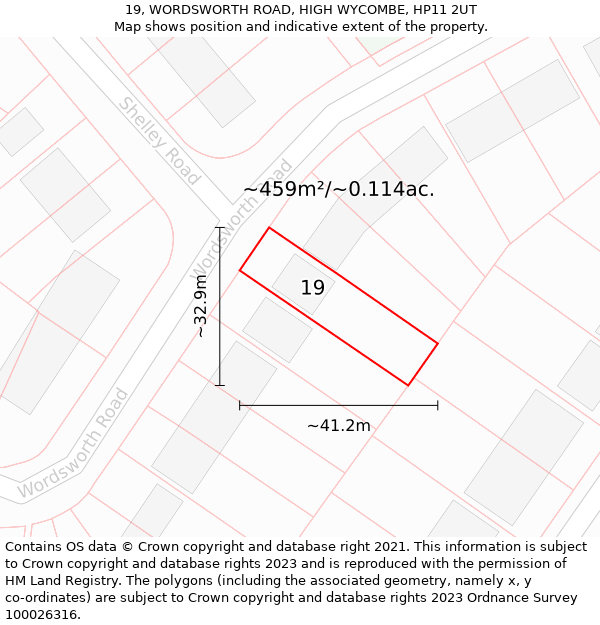 19, WORDSWORTH ROAD, HIGH WYCOMBE, HP11 2UT: Plot and title map