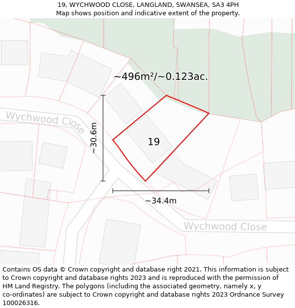 19, WYCHWOOD CLOSE, LANGLAND, SWANSEA, SA3 4PH: Plot and title map