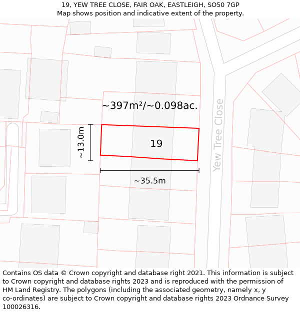 19, YEW TREE CLOSE, FAIR OAK, EASTLEIGH, SO50 7GP: Plot and title map