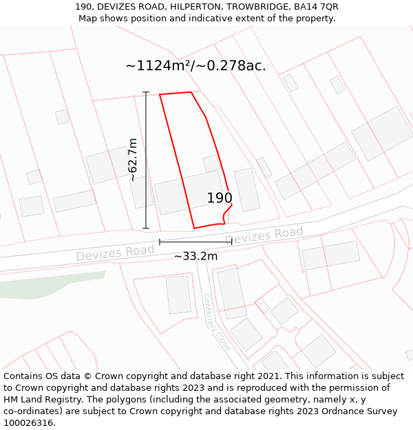 190, DEVIZES ROAD, HILPERTON, TROWBRIDGE, BA14 7QR: Plot and title map