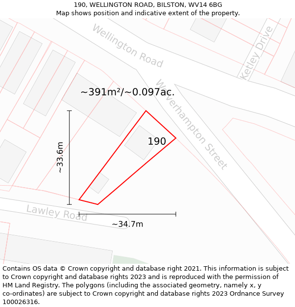 190, WELLINGTON ROAD, BILSTON, WV14 6BG: Plot and title map