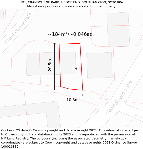 191, CRANBOURNE PARK, HEDGE END, SOUTHAMPTON, SO30 0PA: Plot and title map