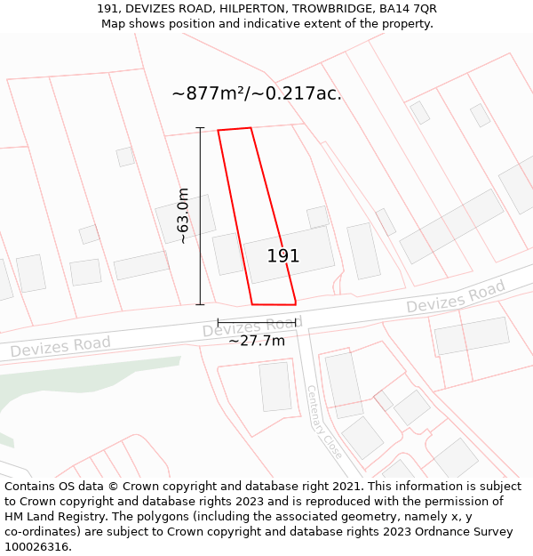 191, DEVIZES ROAD, HILPERTON, TROWBRIDGE, BA14 7QR: Plot and title map