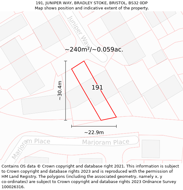 191, JUNIPER WAY, BRADLEY STOKE, BRISTOL, BS32 0DP: Plot and title map