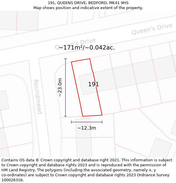 191, QUEENS DRIVE, BEDFORD, MK41 9HS: Plot and title map