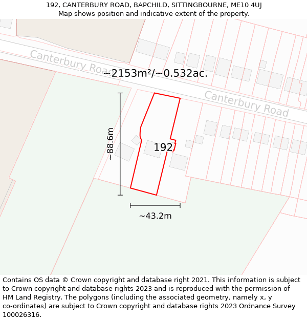 192, CANTERBURY ROAD, BAPCHILD, SITTINGBOURNE, ME10 4UJ: Plot and title map