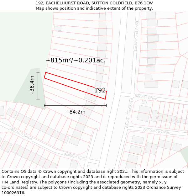 192, EACHELHURST ROAD, SUTTON COLDFIELD, B76 1EW: Plot and title map