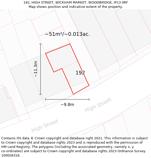192, HIGH STREET, WICKHAM MARKET, WOODBRIDGE, IP13 0RF: Plot and title map