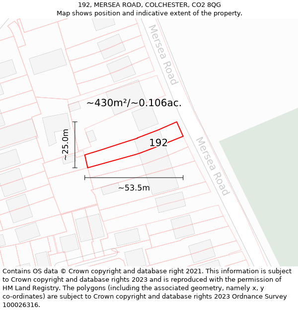 192, MERSEA ROAD, COLCHESTER, CO2 8QG: Plot and title map