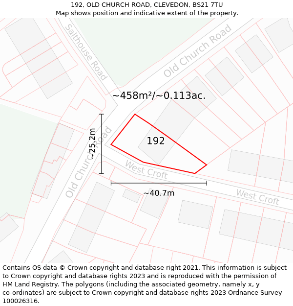 192, OLD CHURCH ROAD, CLEVEDON, BS21 7TU: Plot and title map