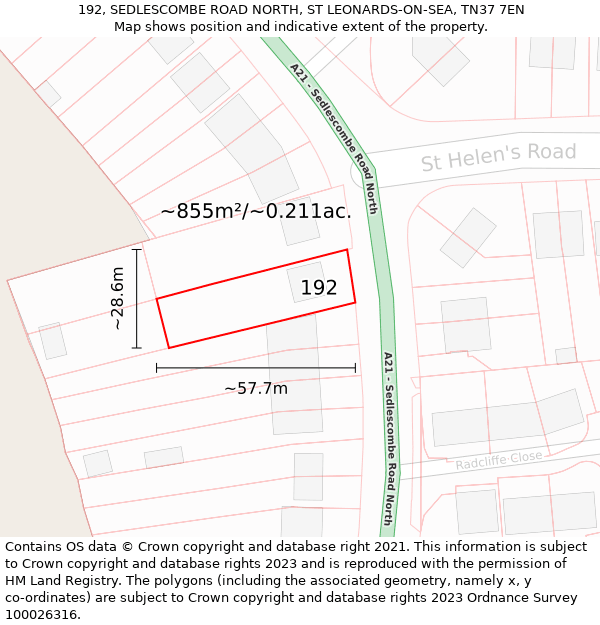 192, SEDLESCOMBE ROAD NORTH, ST LEONARDS-ON-SEA, TN37 7EN: Plot and title map