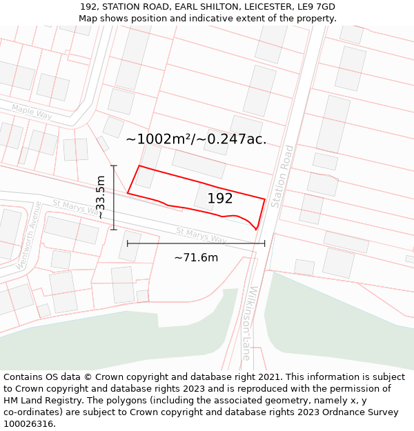 192, STATION ROAD, EARL SHILTON, LEICESTER, LE9 7GD: Plot and title map