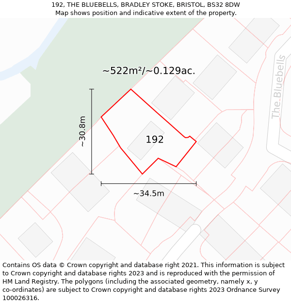 192, THE BLUEBELLS, BRADLEY STOKE, BRISTOL, BS32 8DW: Plot and title map