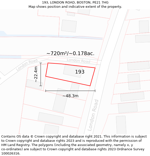 193, LONDON ROAD, BOSTON, PE21 7HG: Plot and title map