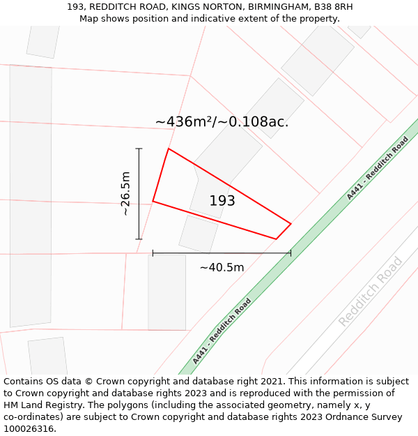 193, REDDITCH ROAD, KINGS NORTON, BIRMINGHAM, B38 8RH: Plot and title map