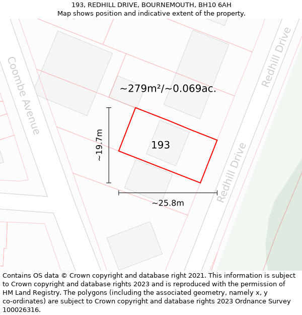 193, REDHILL DRIVE, BOURNEMOUTH, BH10 6AH: Plot and title map