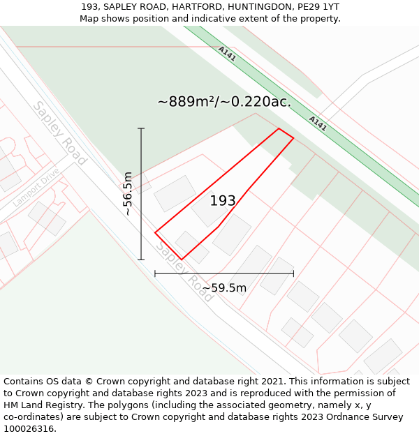 193, SAPLEY ROAD, HARTFORD, HUNTINGDON, PE29 1YT: Plot and title map