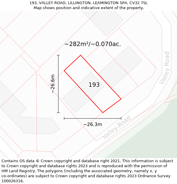 193, VALLEY ROAD, LILLINGTON, LEAMINGTON SPA, CV32 7SL: Plot and title map