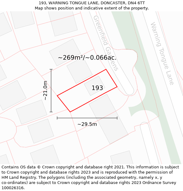 193, WARNING TONGUE LANE, DONCASTER, DN4 6TT: Plot and title map