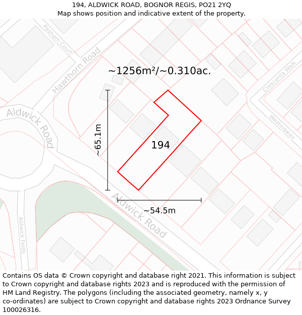 194, ALDWICK ROAD, BOGNOR REGIS, PO21 2YQ: Plot and title map