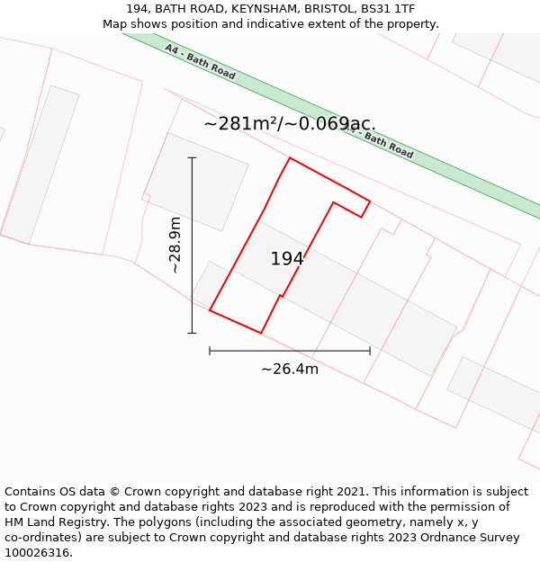 194, BATH ROAD, KEYNSHAM, BRISTOL, BS31 1TF: Plot and title map