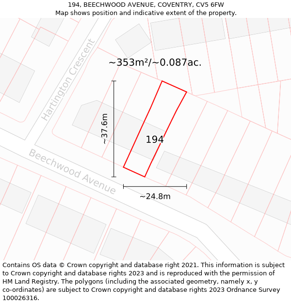194, BEECHWOOD AVENUE, COVENTRY, CV5 6FW: Plot and title map