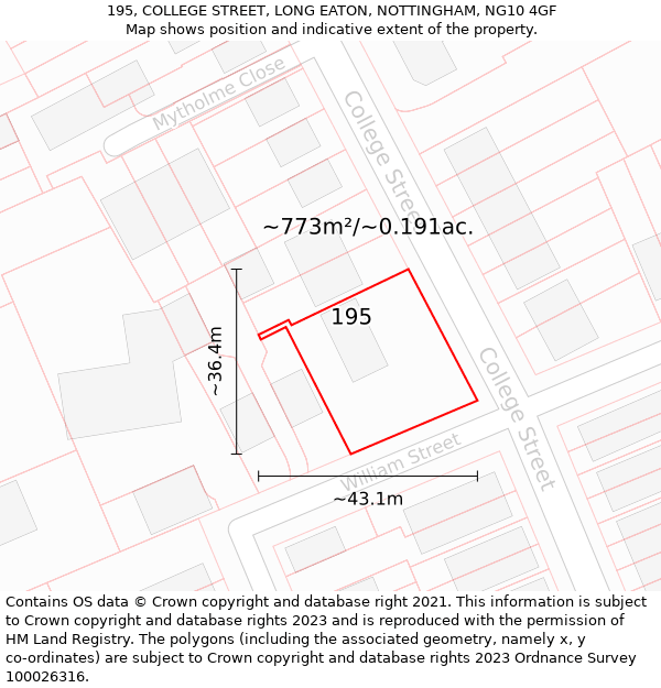 195, COLLEGE STREET, LONG EATON, NOTTINGHAM, NG10 4GF: Plot and title map