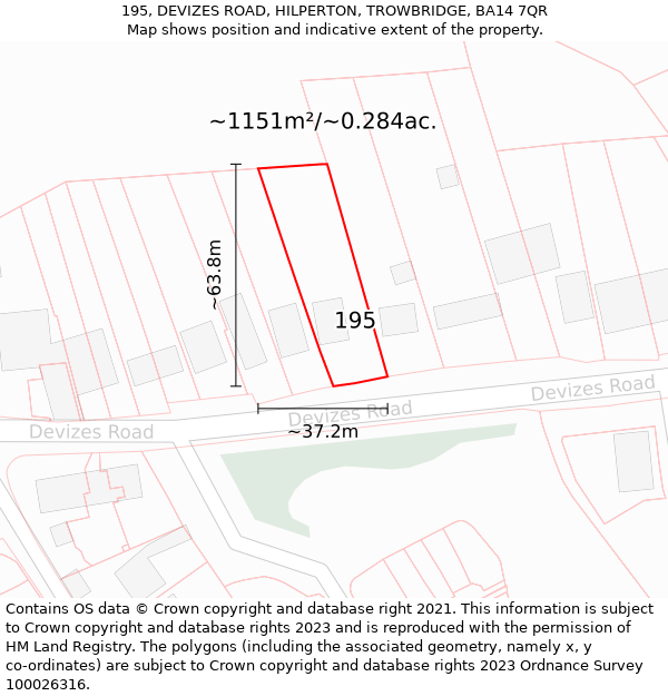 195, DEVIZES ROAD, HILPERTON, TROWBRIDGE, BA14 7QR: Plot and title map