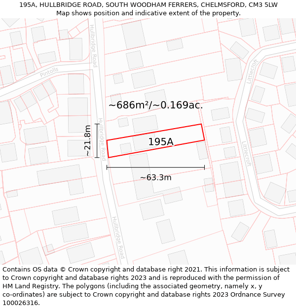 195A, HULLBRIDGE ROAD, SOUTH WOODHAM FERRERS, CHELMSFORD, CM3 5LW: Plot and title map